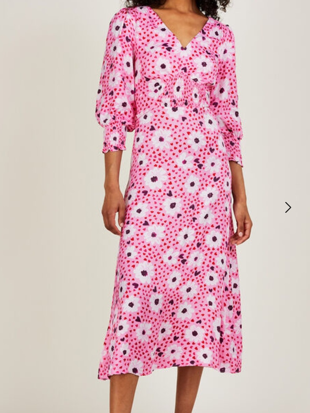 Monsoon Pink Floral Heart Print Midi Dress Smocked Waist Feminine Size 10